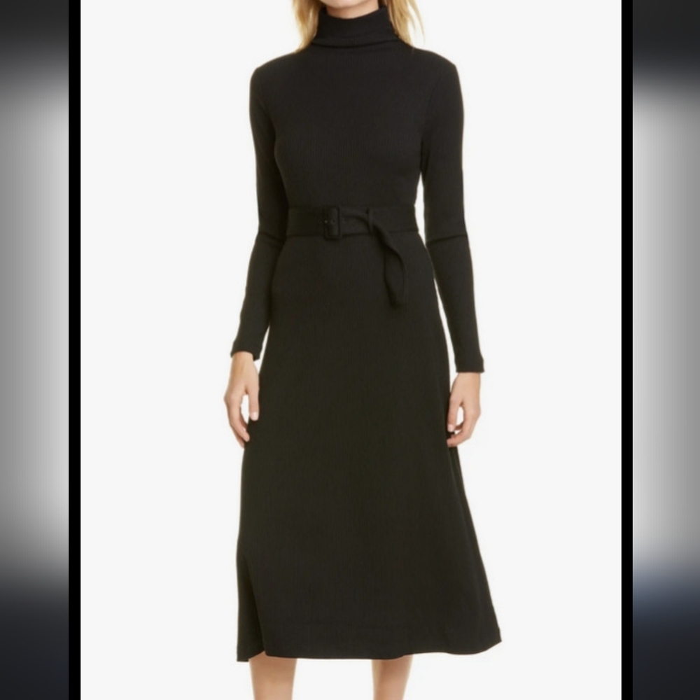 Old Money Vibes Vintage Medium Dark Blue Turtleneck Long Sleeve Belted Dress